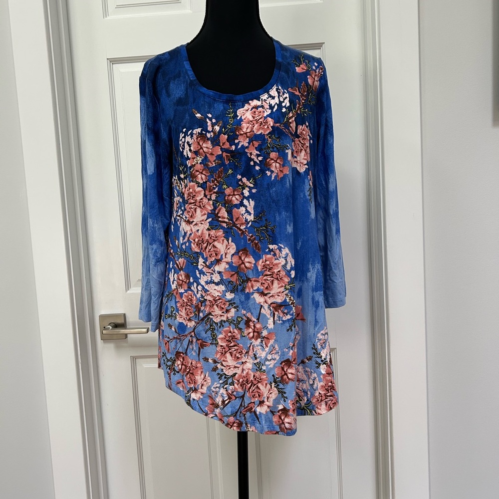 JM Collection Vibrant Blue and Pink Floral Top